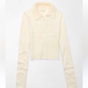 American Eagle‎ Cream Faux Fur Cropped Zipped Sweather Size S